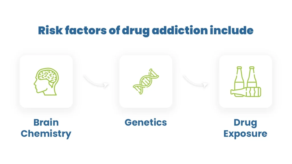 Addiction means dependence on a drug. Risk factors of drug addiction include brain chemistry, genetics, and drug exposure. 
