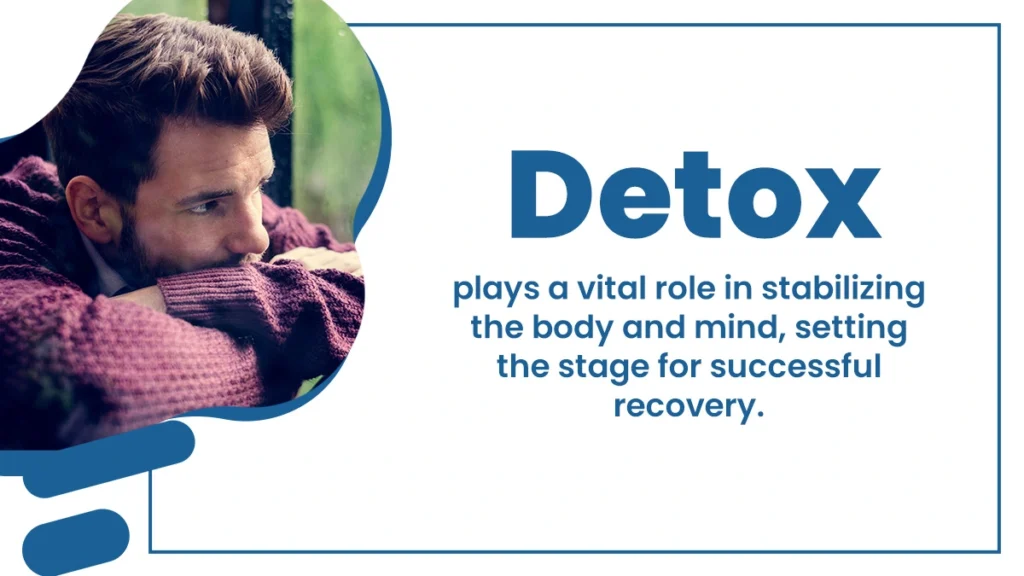 Man with arms folded and watching the rain out of the window. Graphic explains the importance of detox in drug and alcohol recovery.