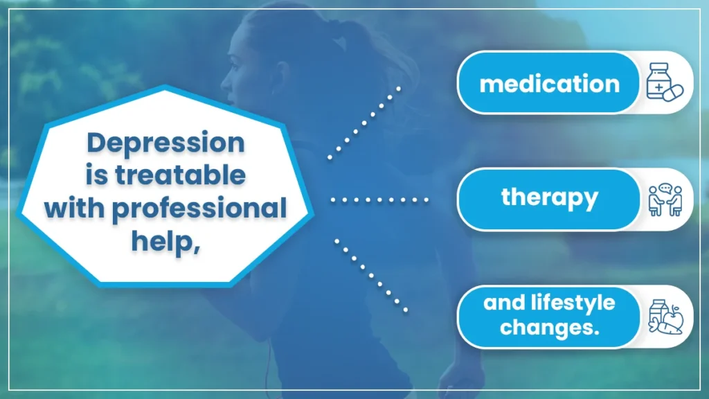 Graphic lists three ways to receive professional help for depression, including therapy, medication, and lifestyle changes.