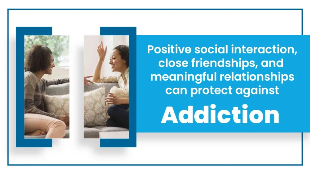 Two women talking on a couch with a white bar dividing their photos. Positive social interaction can protect against addiction.