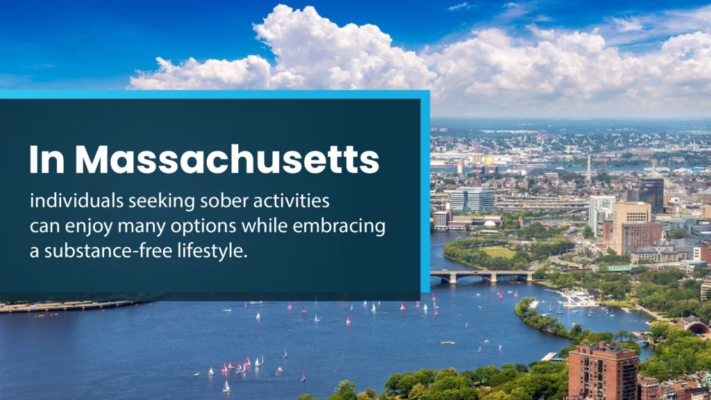 Boston skyline. Text overlay explains in Massachusetts, individuals seeking sober activities can enjoy many opportunities for sober fun.