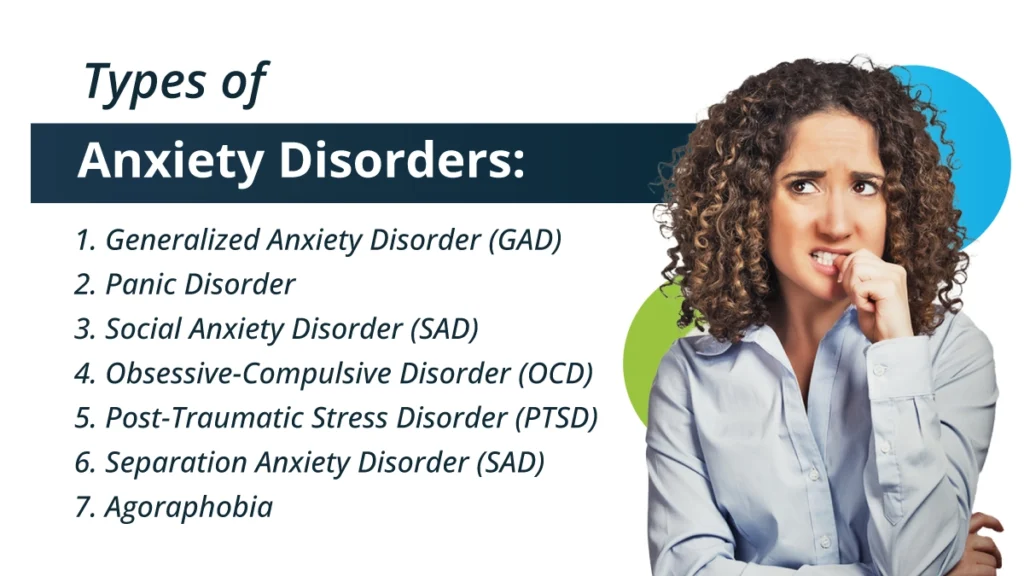 Woman with messy, curly hair biting her nails on a white background. Blue text lists types of anxiety disorders.
