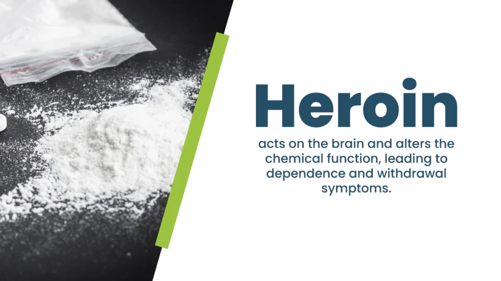 White powder spilled out on a black table. Heroin acts on the brain and alters the chemical function, leading to dependence and withdrawal.