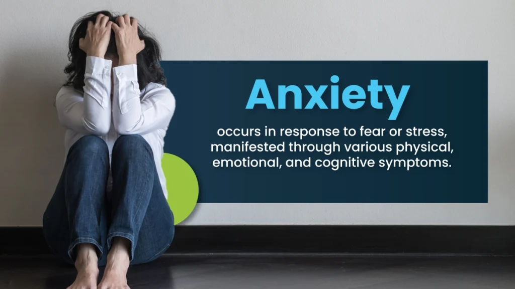 Woman sitting on the floor; hiding her face with her hands. Text: Anxiety manifests through various physical, emotional, and cognitive symptoms.
