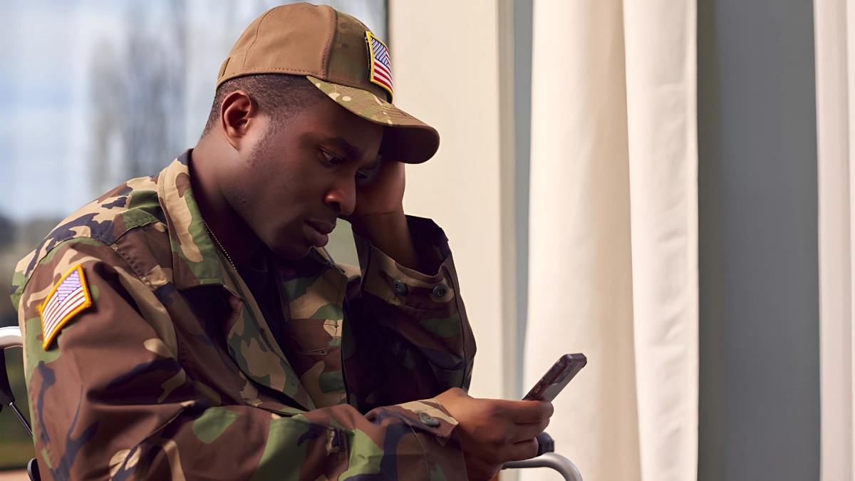 a young man in a military uniform sitting in a contemplative or distressed posture.