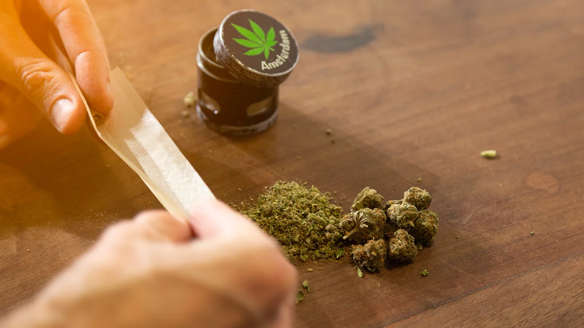 Weed on a table with someone holding up rolling papers