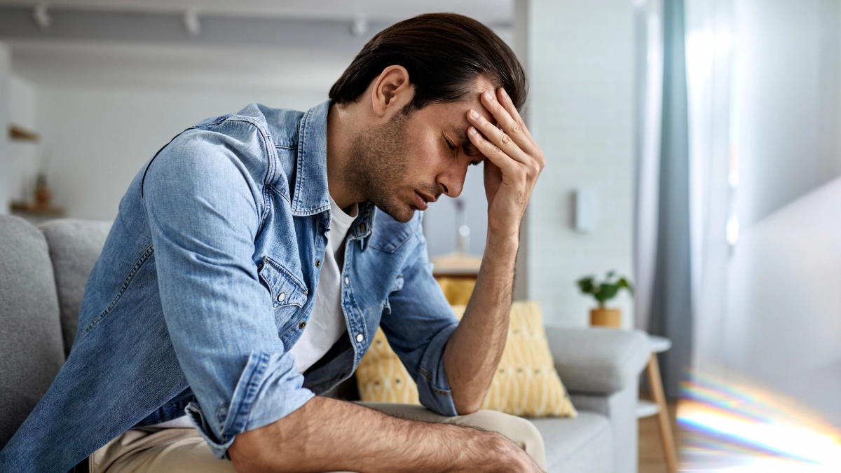 A man sits on a couch with his head resting in one hand, appearing stressed or overwhelmed.