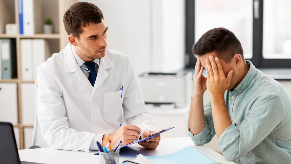 A male doctor in a white coat sits at a desk with a clipboard, attentively listening to a patient who is sitting across from him.